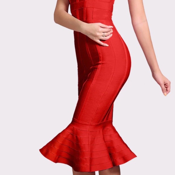Red Mermaid Hem Bandage Midi Dress - Picture 4 of 7